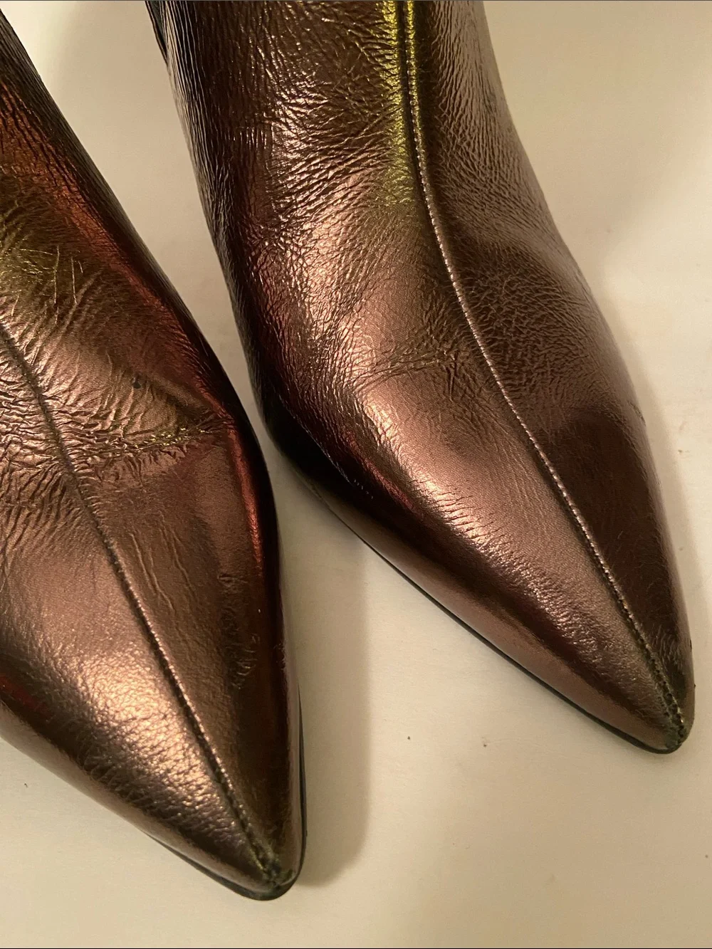 Nine West Metallic Bronze Leather Pointed-Toe Chelsea Booties 8.5” Stilettos